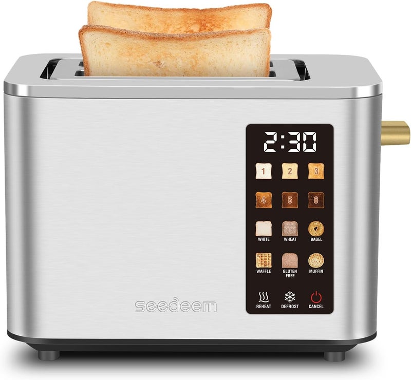 SEEDEEM Toaster 2 Slice, Touch Control Screen, Smart Stainless Toaster, 6 Shade Setting, 6 Bread Selection, Countdown, Removable Crumb Tray, 900W, Silver Metallic - Image 1